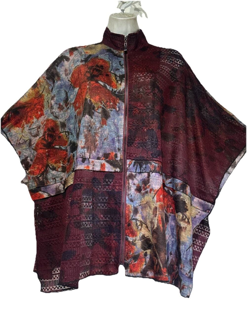 shana patchwork full Zip floral mesh Dolman Sleeve sweater top Size M